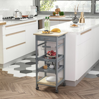 Mobile Rolling Kitchen Island With Drawer, Wire Storage & Tray, Grey Grey Trolley Serving Trays