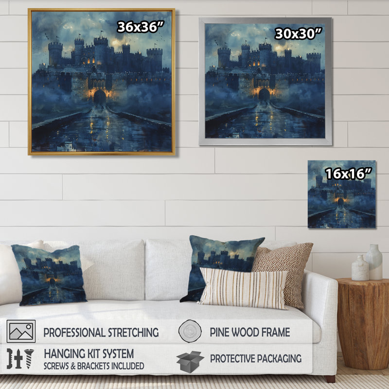 «Blue Middle Ages Castle at Night III - Fortress», art mural, Toile avec cadre flottant noir, H 16 po x l 16 po x P 1 po
