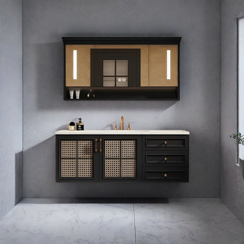Retro-style rattan bathroom cabinet, 21.65" H x 47.24" W x 21.65" D
