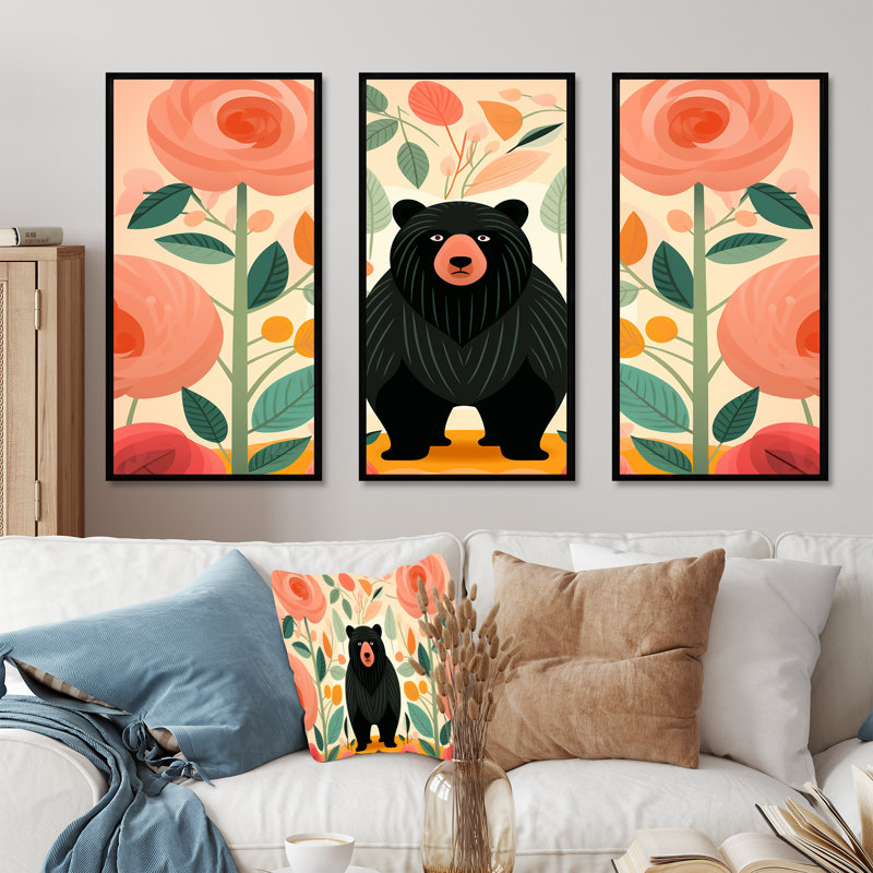 «Pink Tropical Bear Harmony III - Bear 2», art mural, H 28 po x l 36 po, Cadre flottant noir