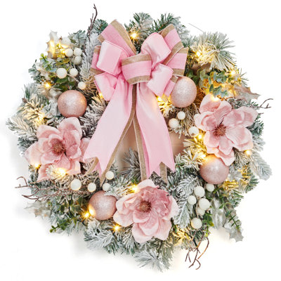 24 in Pre-Lit Xmas Wreath with Artificial Flower Bow Ball Ornaments  for Party Front Door Wall Window Mantel