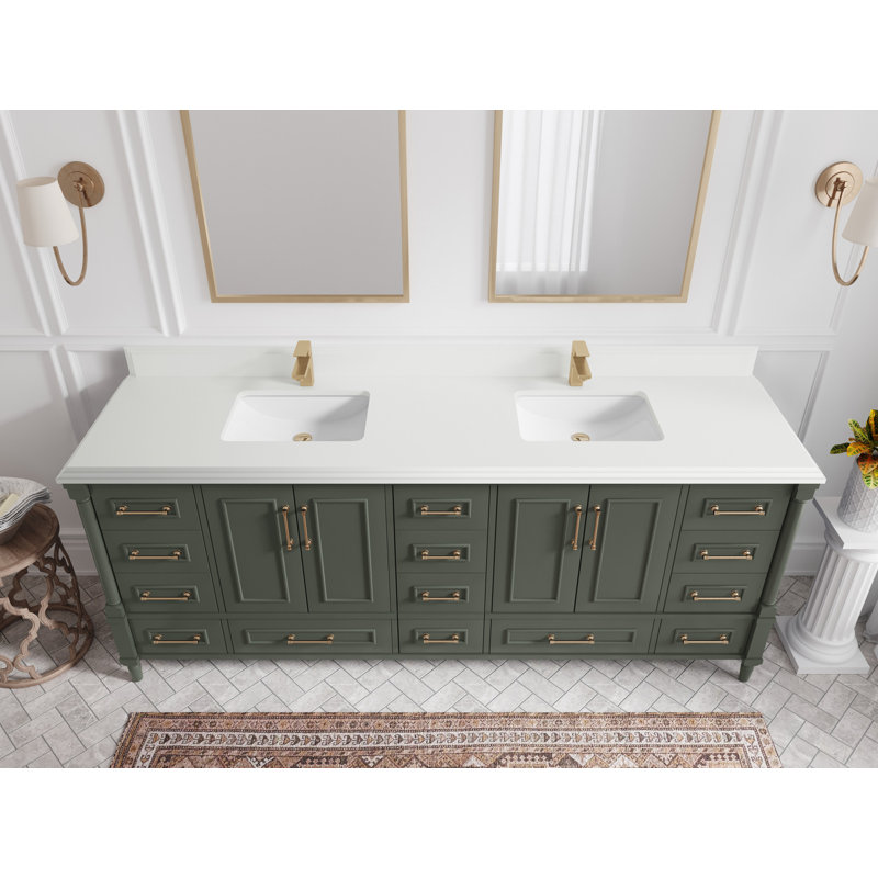 Ensemble de meuble-lavabo double 84 po Huntwood, Bord à double gorge blanc