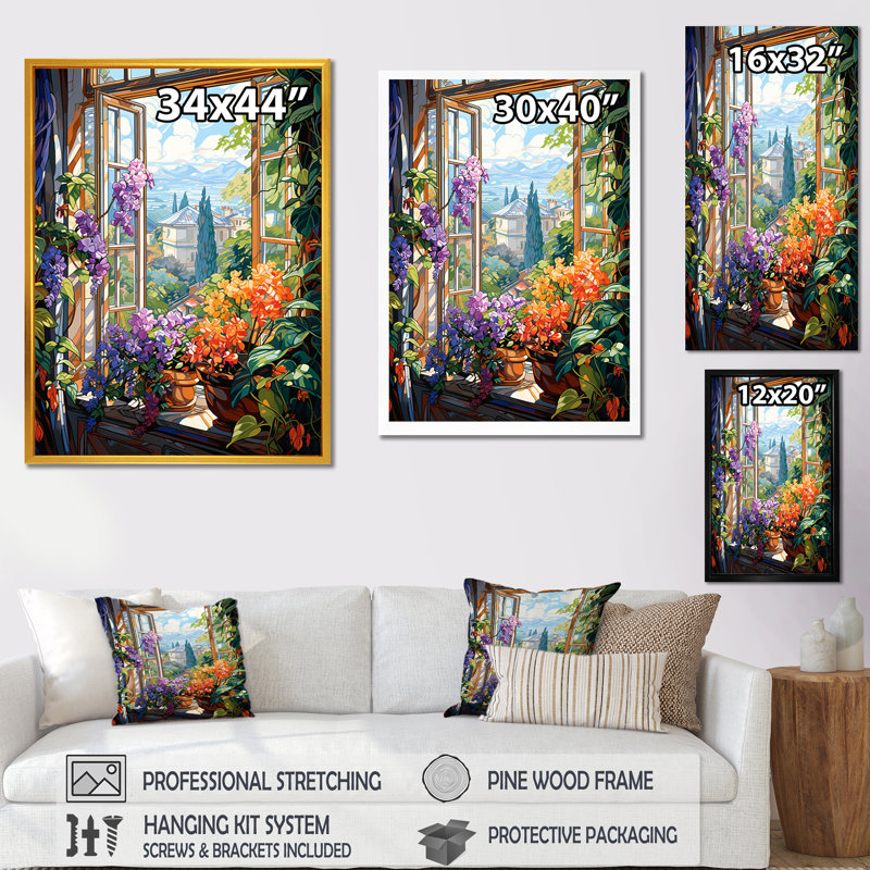 Fleur mauve, fenêtre, jardins III - art mural floral, Cadre flottant blanc, H 44 po x l 34 po x P 1,5 po