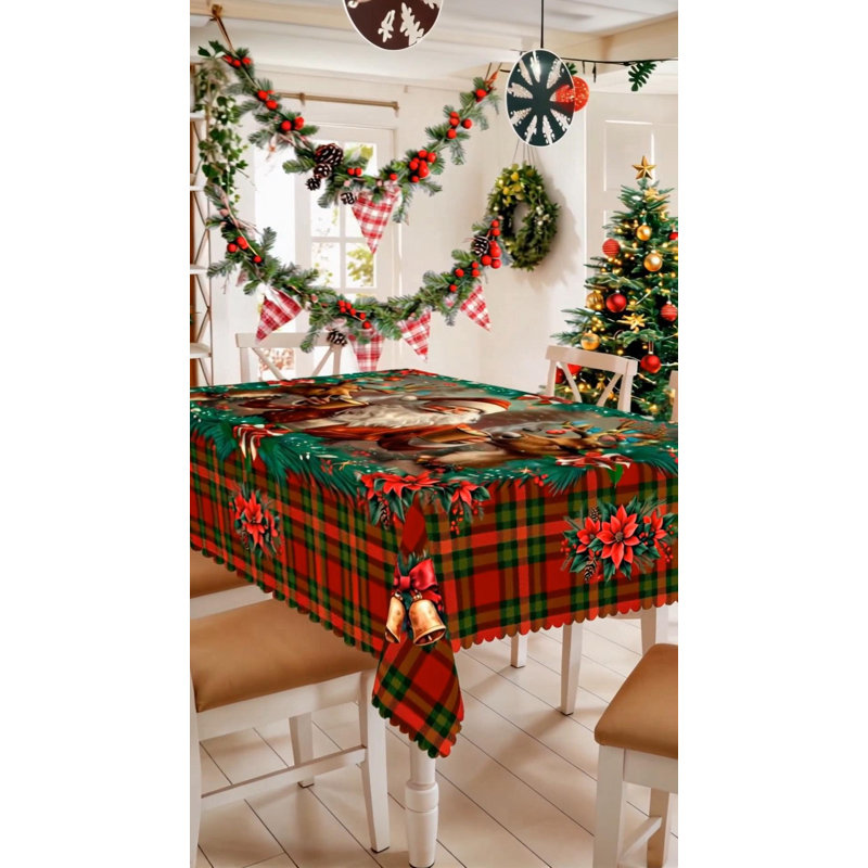 Santa Claus Tablecloth 150x305cm Rectangular Checkered Pattern Party Picnic Dinner Decoration Table Cover