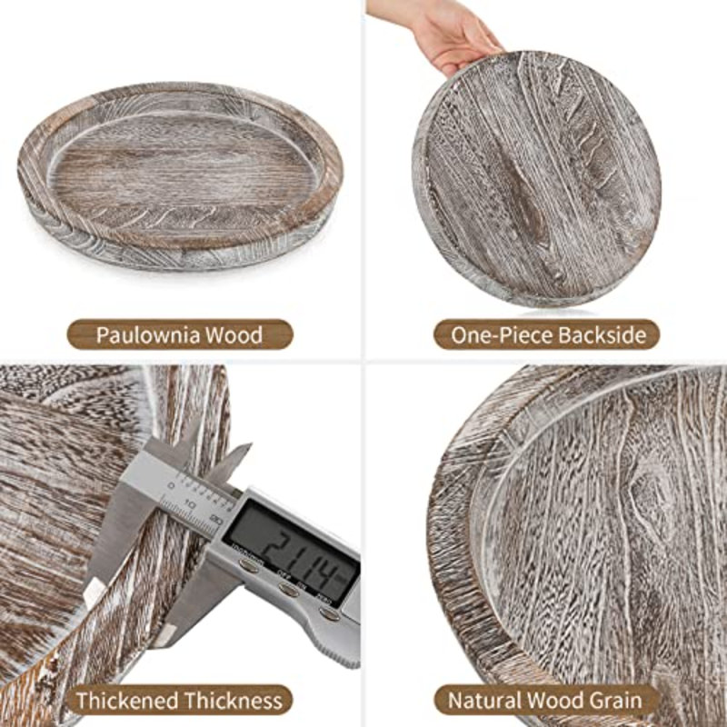 Whitewash Wooden Round Serving Tray - Farmhouse Decor For Coffee Table, Kitchen Counter, White