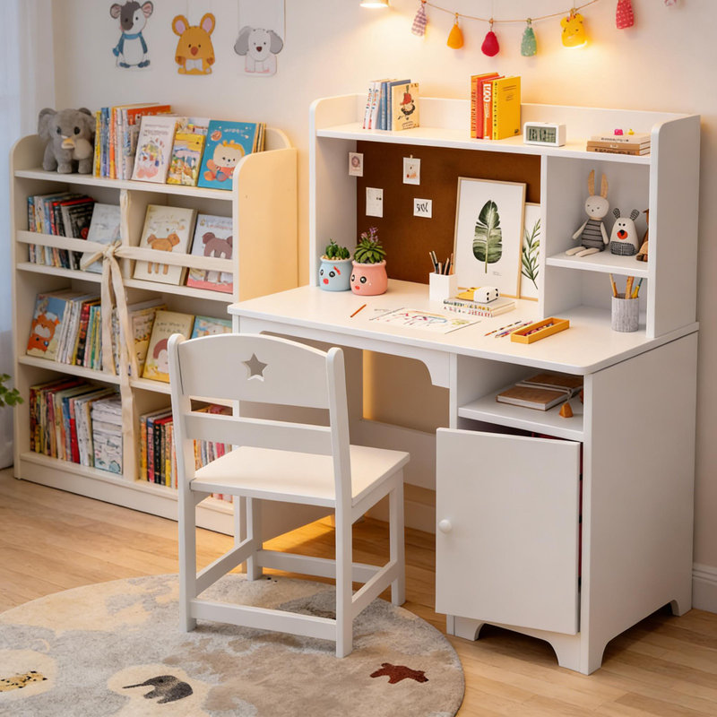 Kids Desk & Chair Set with Hutch, Storage Cabinet for Bedroom & Study Room, White