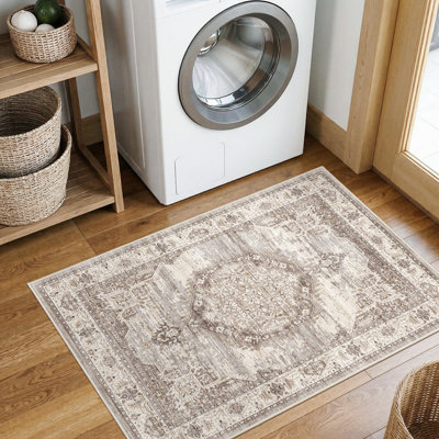 Tapis d'entrée lavable 2 x 3 - Tapis de cuisine neutre Tapis de sol rétro antidérapant pour maison de campagne / salle de bain (2 x 3, beige)