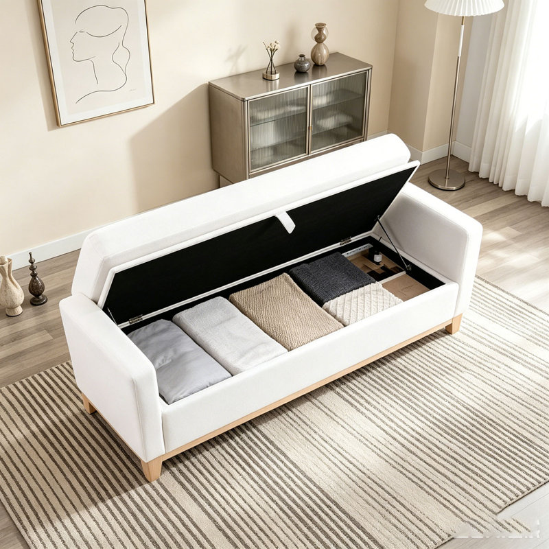 Solid Wood Upholstered Bench, 66.34 inch, Beige+Natural