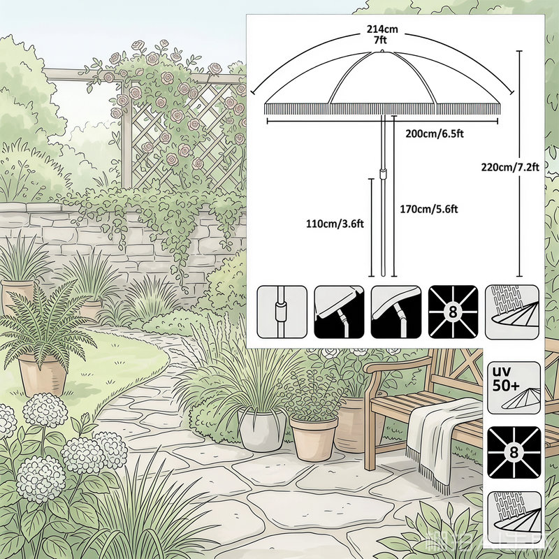 Parasol de patio à franges de 7 pi, UPF50 +, nervures en acier de qualité supérieure, inclinaison à bouton-poussoir, rayures bleu marine (base non incluse)