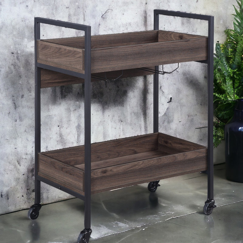 Rectangular Serving Cart With 2 Tier Shelves In Walnut & Black Colored Shelf Construction