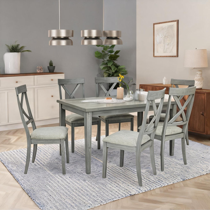 Ensemble de salle à manger contemporain 7 pièces avec table rectangulaire et 6 chaises rembourrées, bois massif gris doux