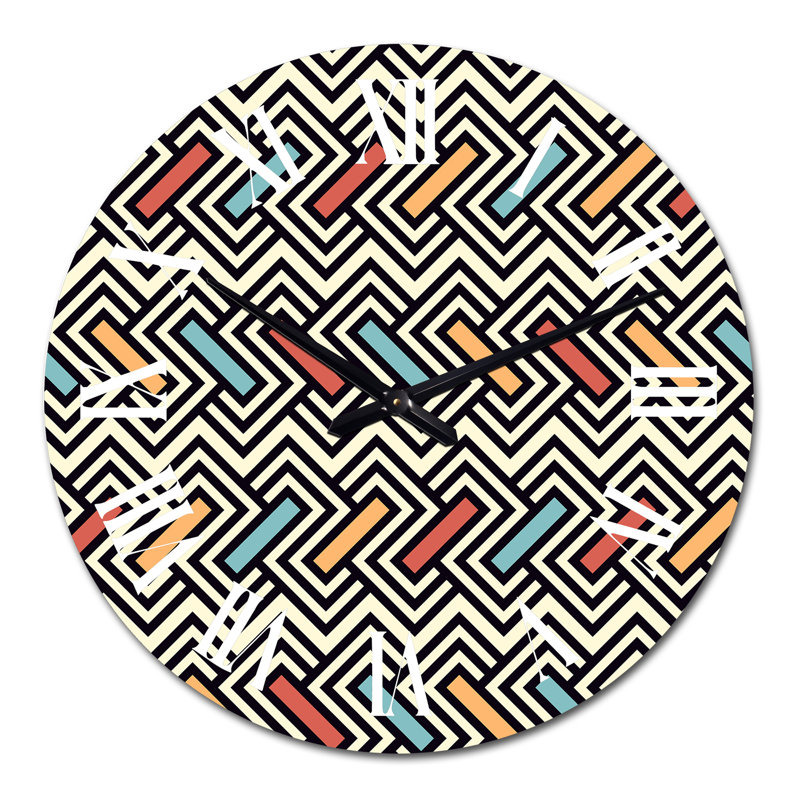 Zigzag noir et blanc avec horloge murale rouge, bleue et orange, Moyen