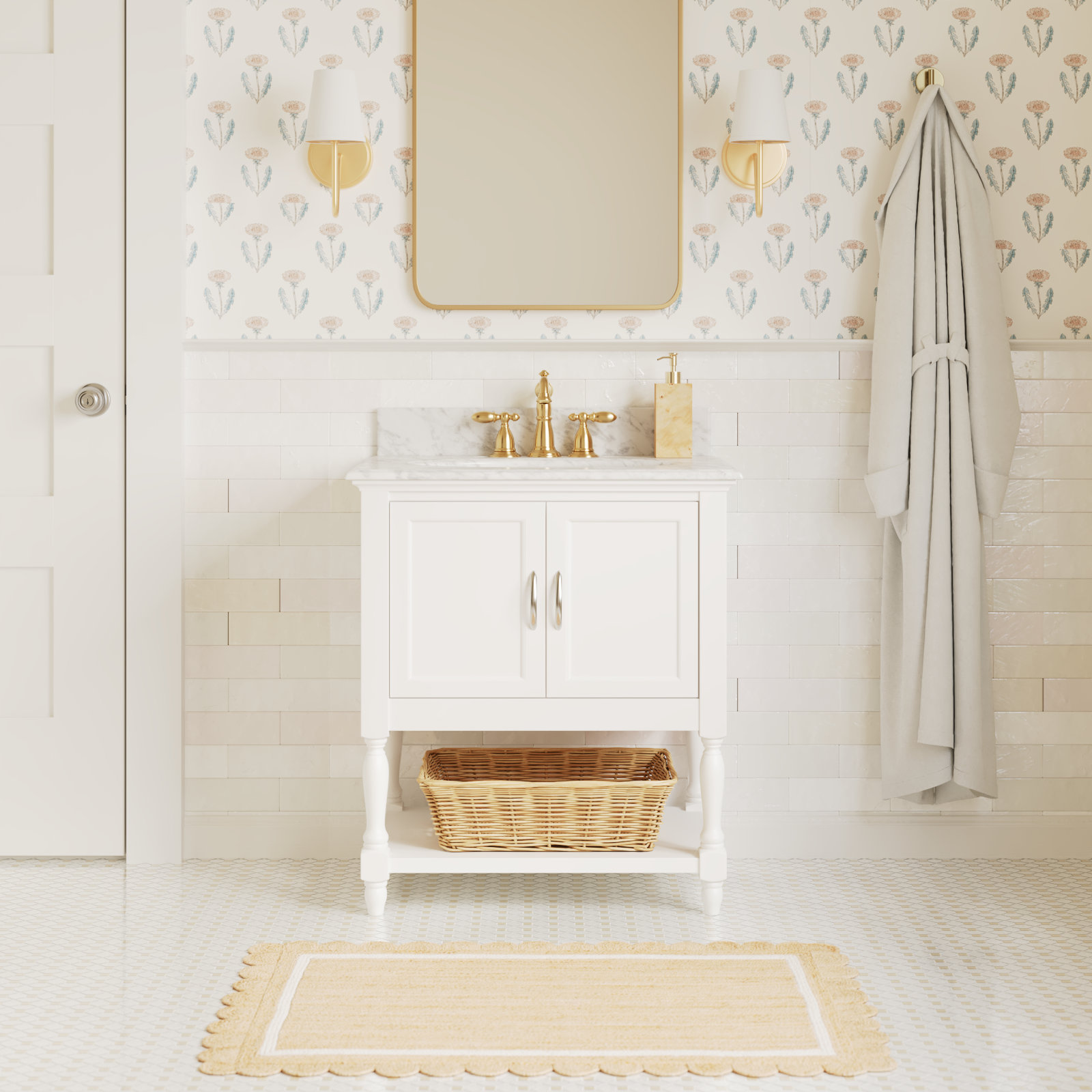 Hampton 30'' Single Bathroom Vanity, White, Carrara Marble