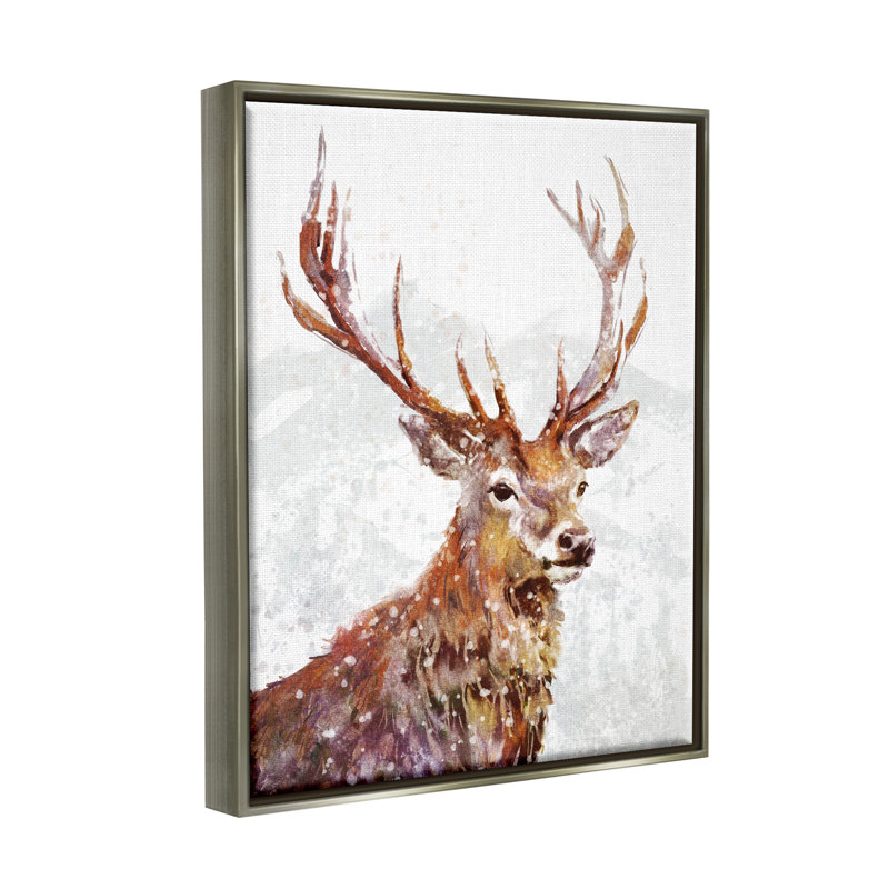 «Winter Deer Mountain Snowfall» par Pip Wilson, peinture, H 31 po x l 25 po x P 1,7 po, Cadre flottant gris lustré
