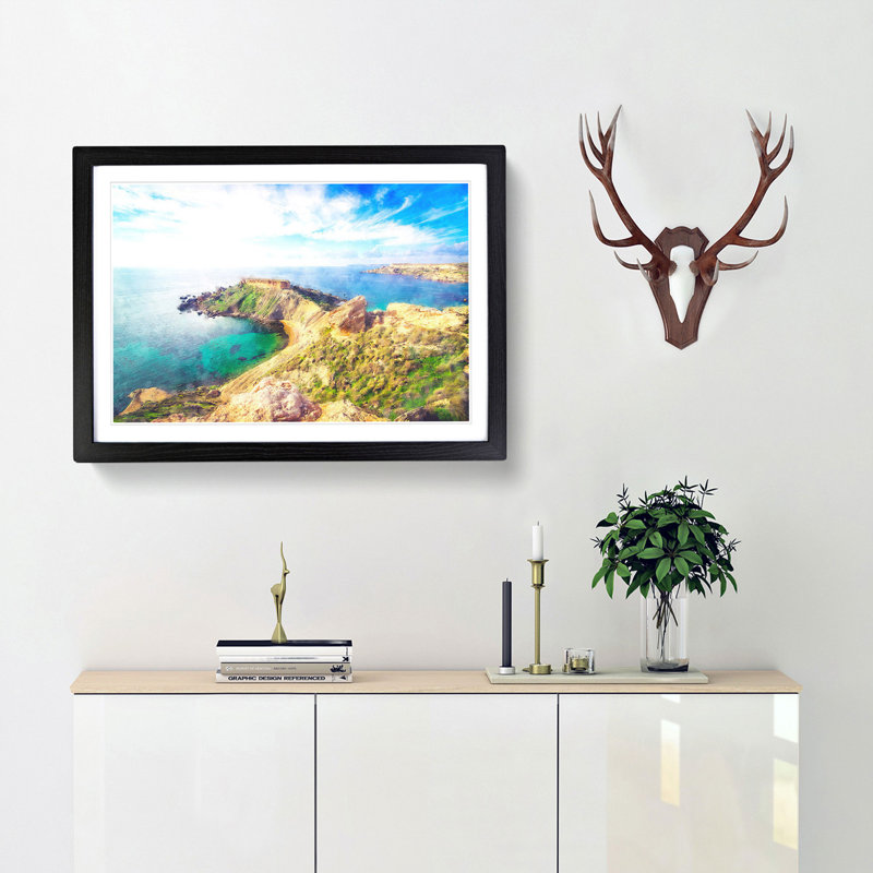 Sea View From Malta - Single Picture Frame Painting on MDF, 33cm H x 45cm W x 2cm D, Black