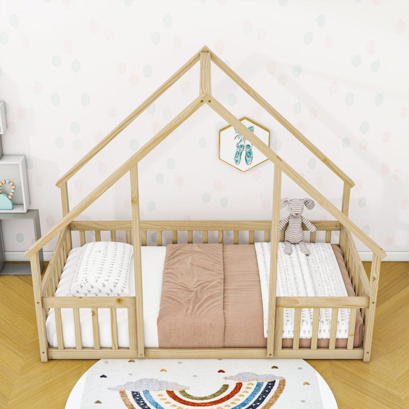 Wood House-Shaped Floor Bed With Guardrails, Natural, Twin