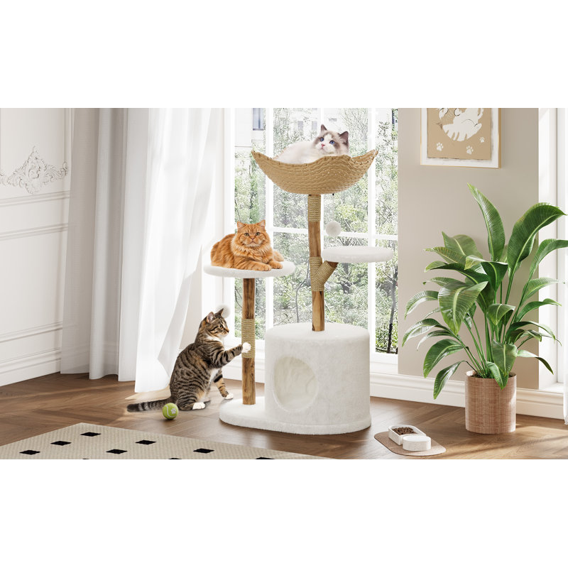 Grand arbre à chat moderne en osier avec plusieurs niveaux, 42.91" H x  28.74" W x  17.32" D 