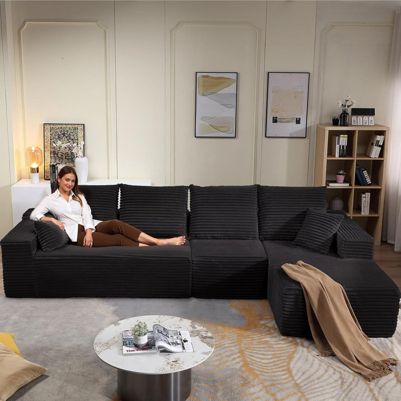 Canapé modulaire de 135 po avec méridienne en forme de L, méridienne modulaire moderne et confortable, canapé-lit rembourré en velours côtelé avec assise profonde pour le salon, sans assemblage requis, blanc