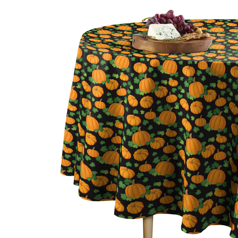 I?Kbal Pumpkin Patch Scroll Round Tablecloth, 90" x 90", Black