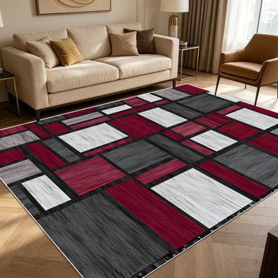 1PC Modern Abstract Geometric Patchwork Burgundy Black Grey White area rugs for Living Room, Soft and Comfortable, Suitable for all seasons, easy-to-maintain, machine washable Indoor floor mat, Under Table Farmhouse suitable for dining room, bedroom,