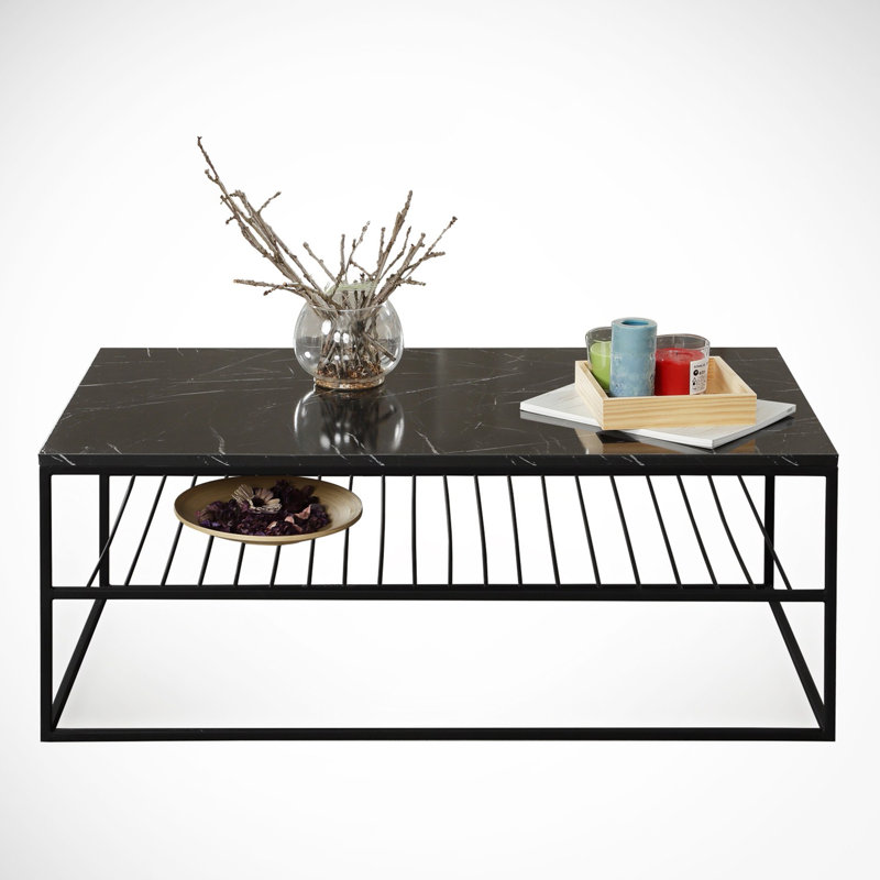 Modern Black & White Coffee Table, 37.4 x 16.9 x 21.3 inches | 100% Melamine Coated Particle Board, Thickness: 0.7 inches | Electrostatic Powder Coated Metal Legs | Stylish Industrial Marble Design for Living Room