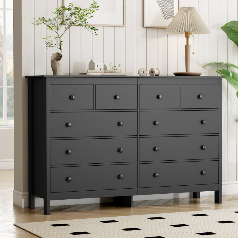 Demirali 55"W Modern 10 Drawer Double Dresser for Bedroom, Living Room, Black