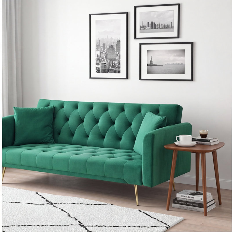 Canapé-lit 71 po convertible en velours 71 po, vert rétro avec pieds dorés - sièges peu encombrants pour le salon, la chambre à coucher, le bureau