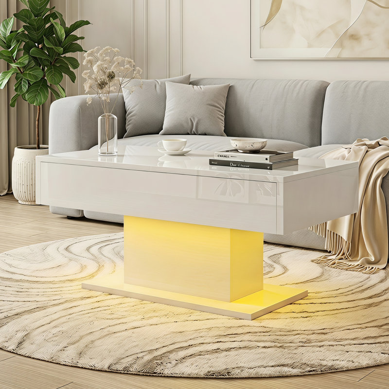 Budwin Sliding Top Storage Coffee Table with High Gloss Finish, Modern Living Room Table, White