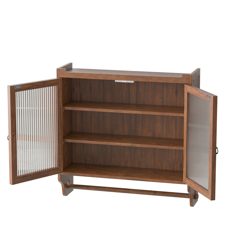 Armoire murale brune avec trois compartiments de rangement - porte en verre de 24,8 po, porte-serviettes pour porte pratique dans une salle de bain, une cuisine et