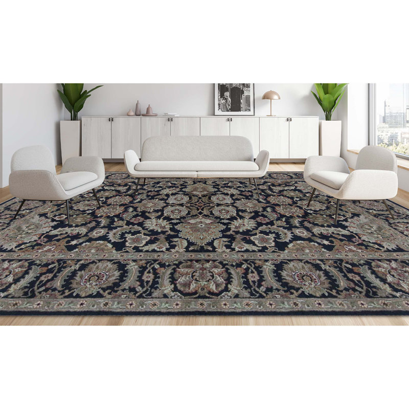 Wool Oriental Area Rug in Black/Ivory/Green