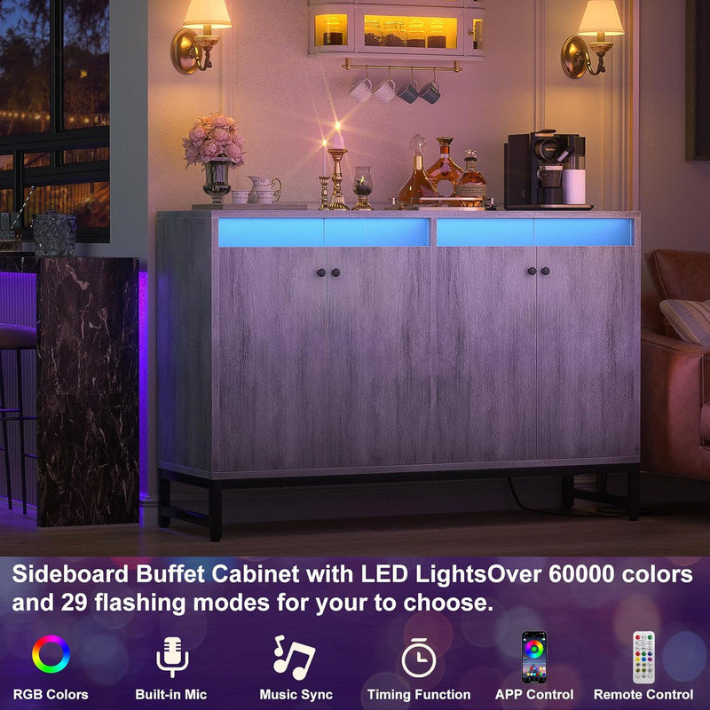 White Oak Sideboard Buffet Cabinet with LED Light and Power Outlet
