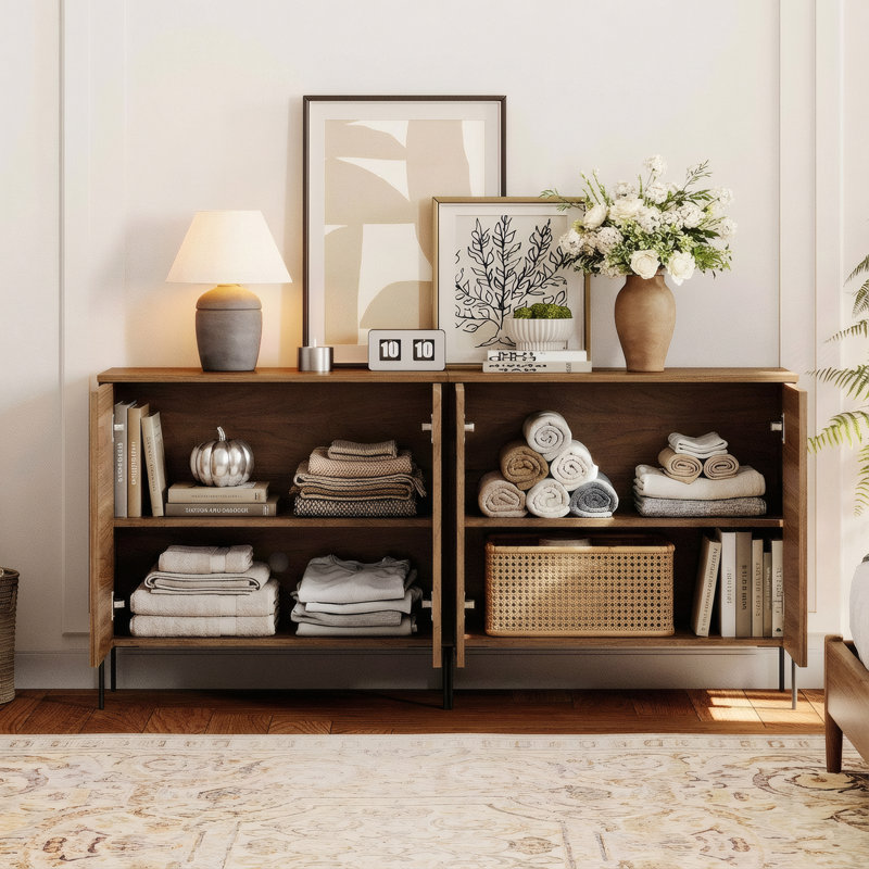 Union Rustic 63" Wooden 4 Doors Sideboard With Reeded Design, 2-In-1 Modern Credenza Storage Cabinet For Kitchen, Dining Room