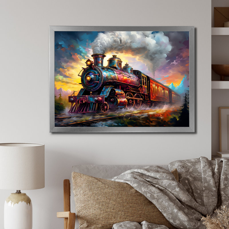"Steamtrain Travelling In The Sunset", reproduction d'art sur toile I, H 12 po x l 20 po x P 1 po, Cadre simple argenté