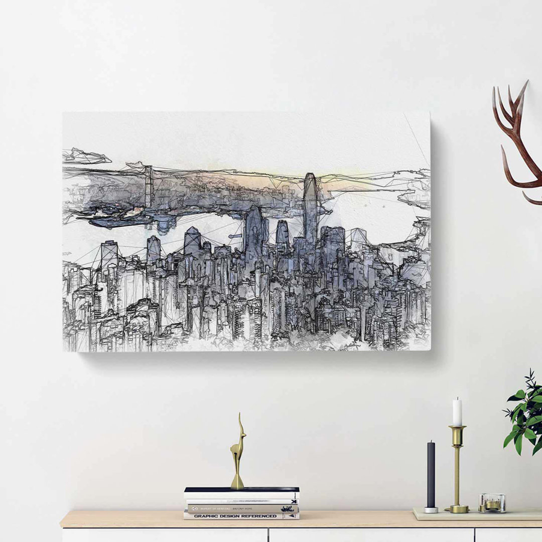 Hong Kong Skyline in China in Abstract - Wrapped Canvas Drawing - Wrapped Canvas