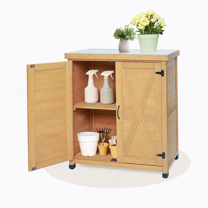 Banc de rempotage avec armoire de rangement et plateau de table en métal pour patio extérieur, table de poste de travail extérieur