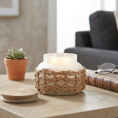 Round Decorative Glass Scented Candle with Wooden Lid for Living Room - Modern Woven Accent for Bedroom, Bookshelf or Coffee Table Styling - 5"
