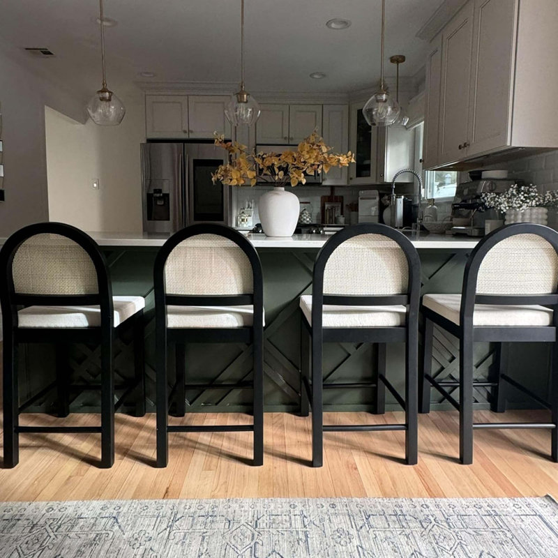 Upholstered Rattan Bar Stool Set Of 2, Counter Height Stool With Natural Rattan Woven Back For Kitchen Island