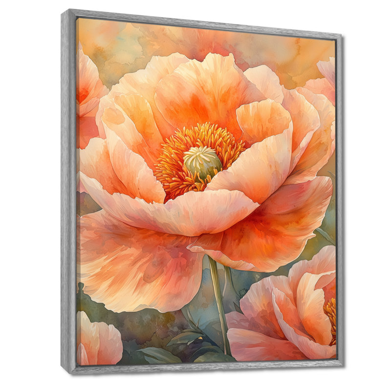 Golden Hour Peony II - coquelicots, art mural pour le salon, H 20 po x l 12 po, Reproduction avec cadre flottant
