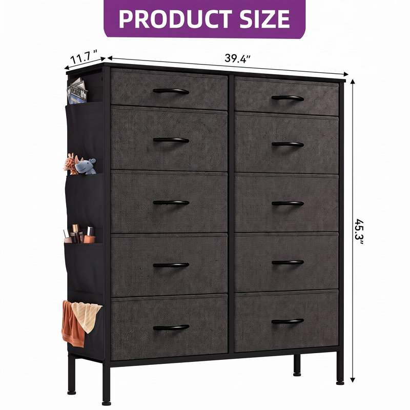 Commode 10 tiroirs en tissu noir avec poches latérales, structure en acier et plateau en bois, tour de rangement pour garde-robe de chambre à coucher