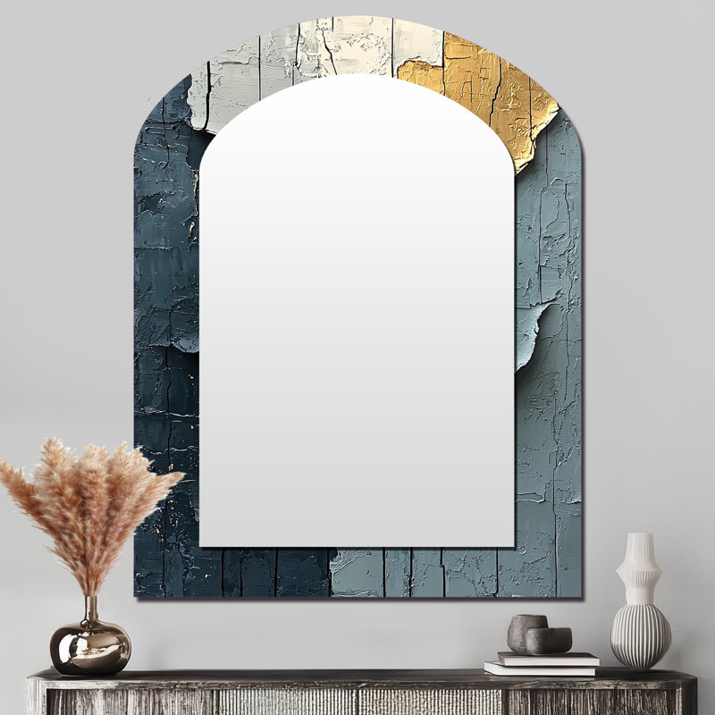 Gold Grey Fleeting Shadows I - Modern Arch Decorative Mirror, Modern Asymmetrical Wall Mirror, Printed Metal Art, 43" x 33"