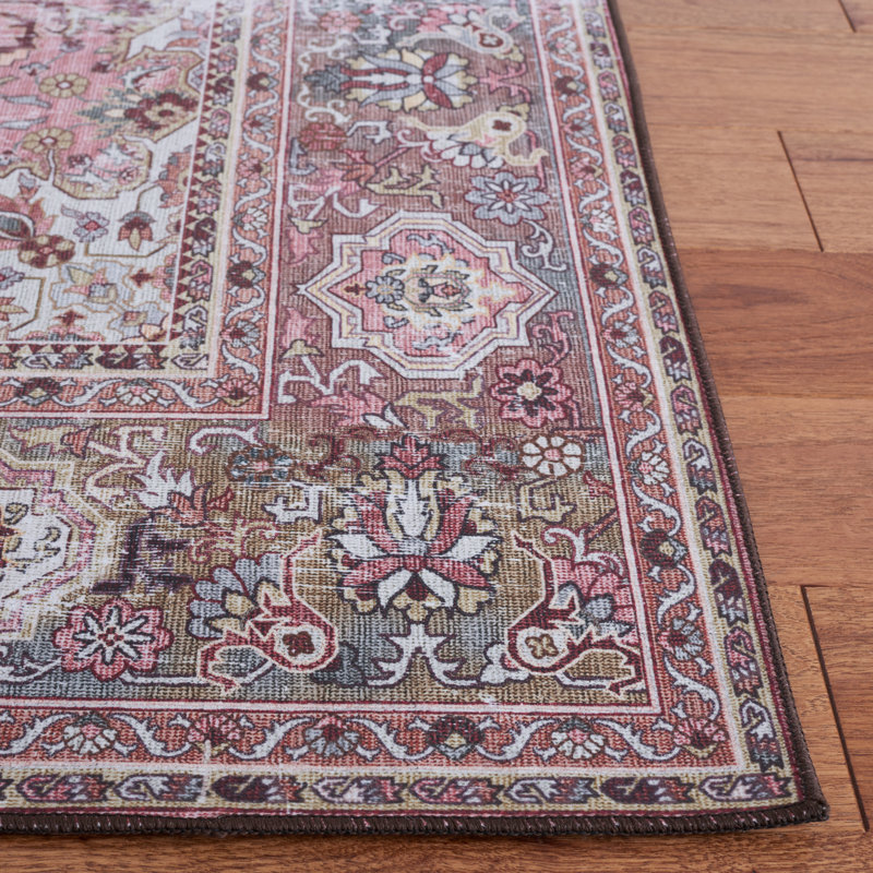 Tucson Vintage Look Machine Washable Non-Slip Area Rug in Red/Pink, Square 183 cm