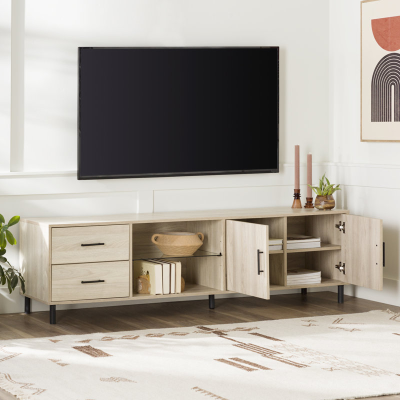 Meuble télé 70 po à 2 tiroirs et 2 portes Sabion avec tablette en verre Sabion, Bouleau