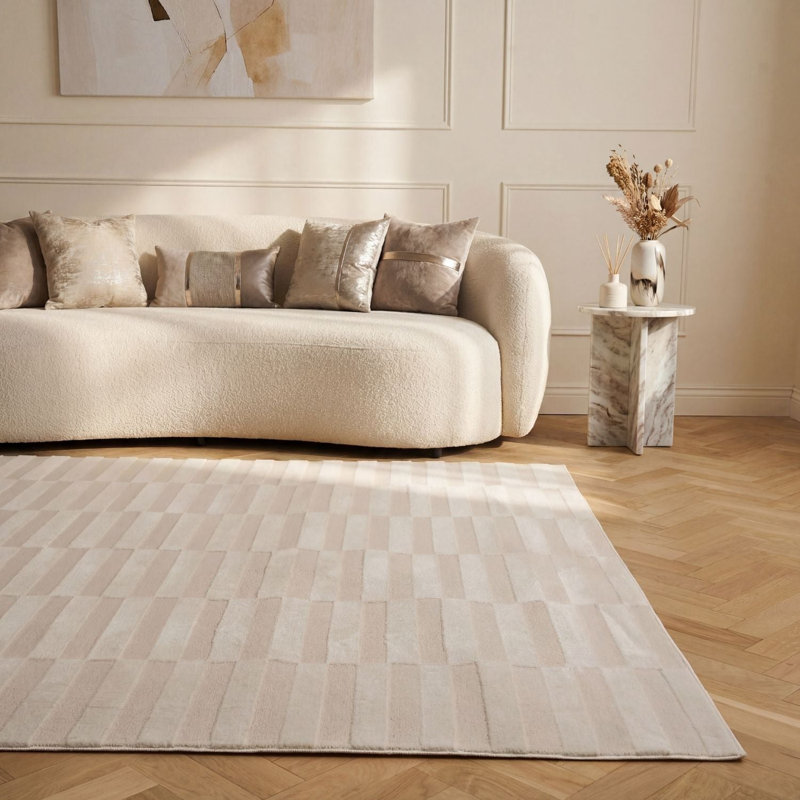 Loft Modern Striped Living Room Area Rug and Runner Soft Pile, Ivory, Rectangle 120 x 170 cm
