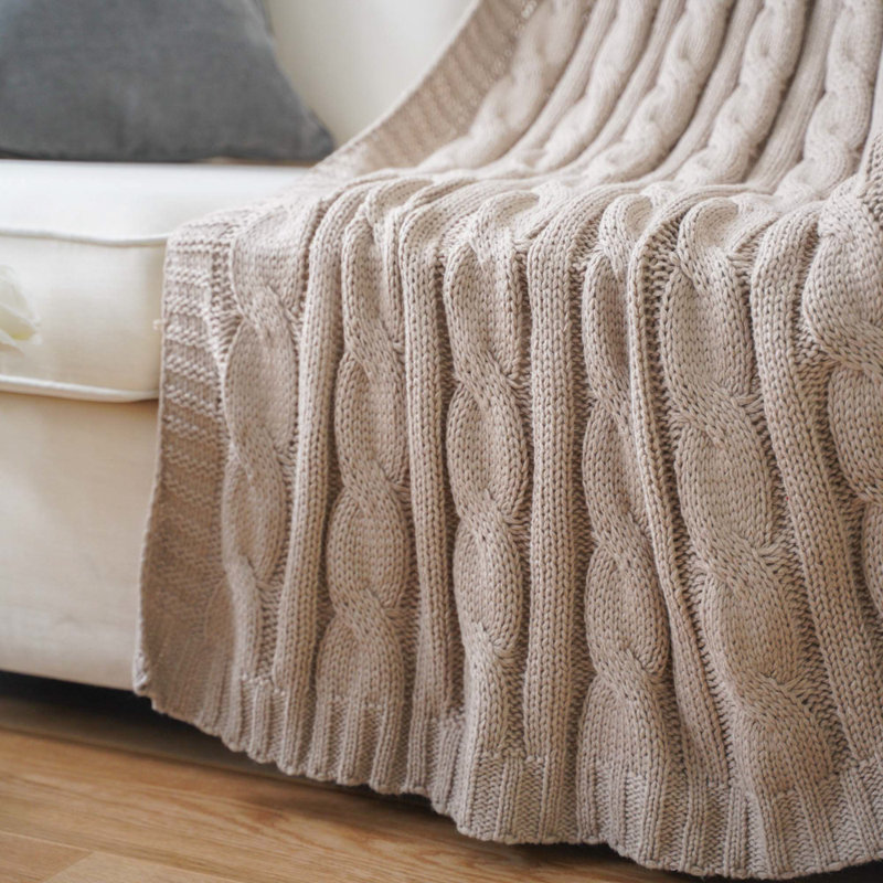 Khaki Cable Knit Acrylic Throw Blanket, 50" x 60"