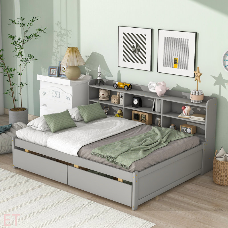 Full Bed With Side Bookcase, Drawers