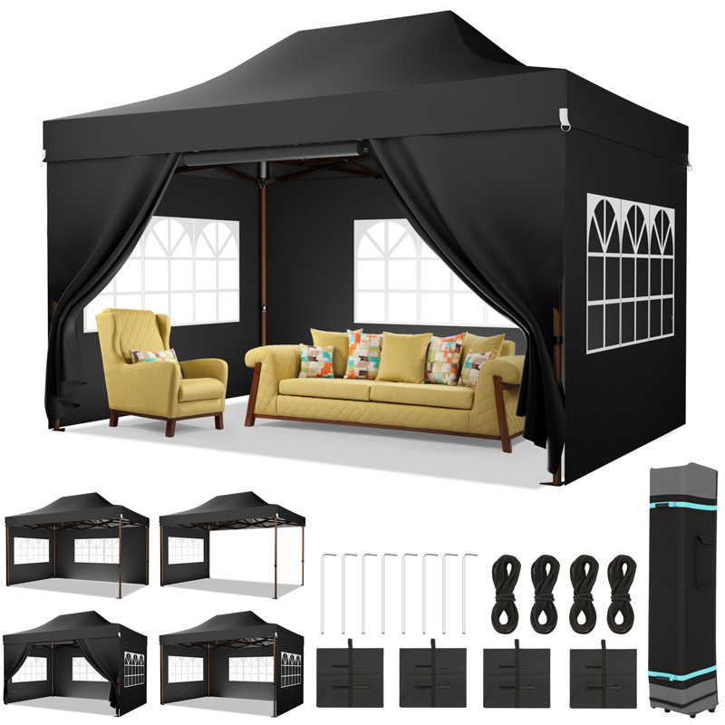 10x15 Pop Up Canopy Tent Heavy Duty with Sidewall, All Weather Waterproof UV 50+ with Roller Bag, Black
