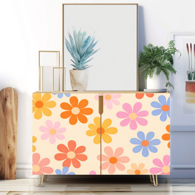 Buffet étroit de 35,4 po de largeur - armoire de rangement décorative à 2 portes avec motif floral rétro style marguerite des années 70 et pieds en métal
