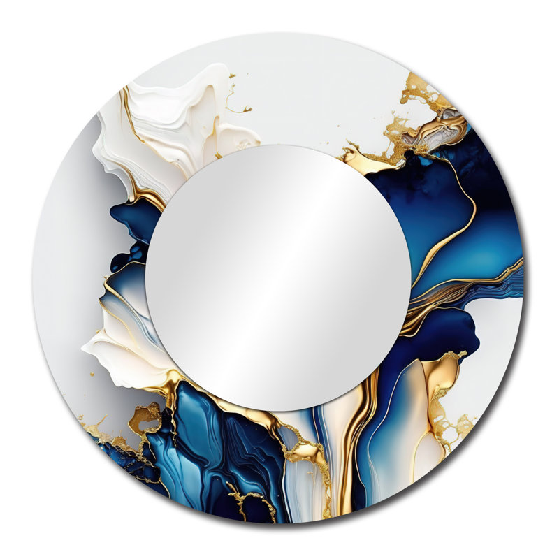 «Storz Abstract Geode Gold and Blue Marble Shape III» - miroir en marbre, miroir mural rond bleu, impression sur métal