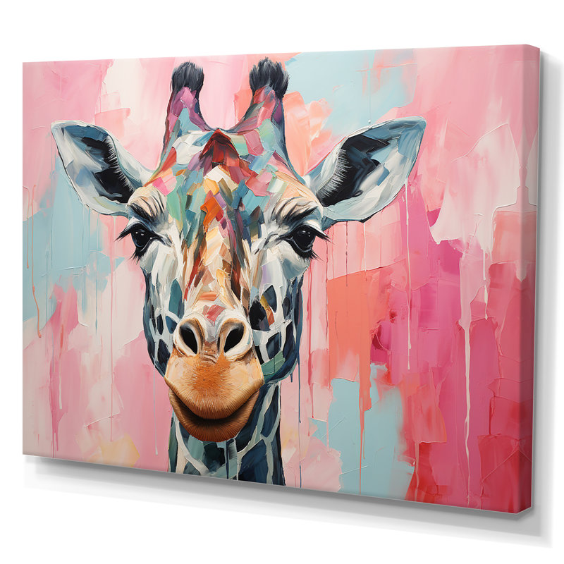Portrait de girafe brune et rose - art mural girafe, Toile tendue, H 16 po x l 32 po x P 1 po