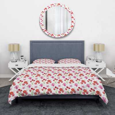 Fleurs de printemps rouges sur fond blanc - ensemble de housse de couette traditionnel - microfibre de polyester